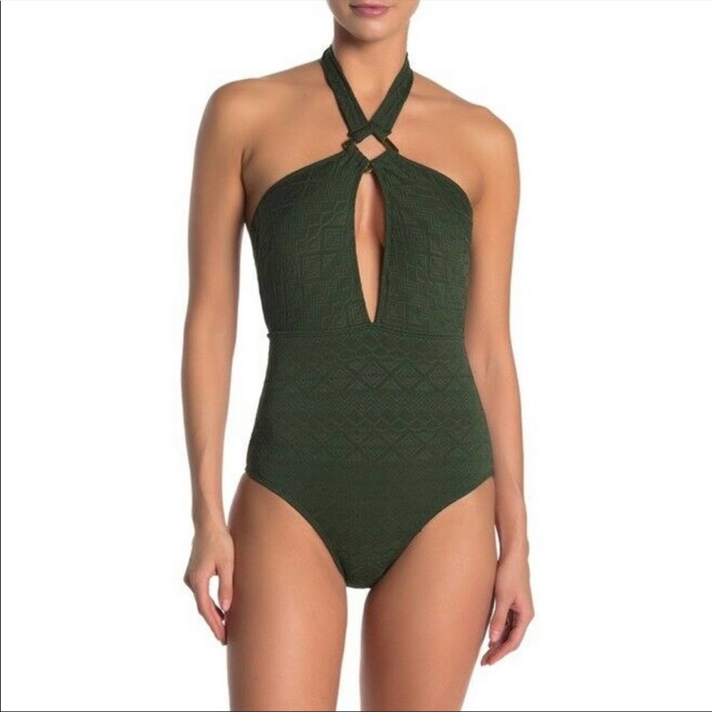 🌟HP🌟Nicole Miller One-Piece Swimsuit Textured Halter Neck Keyhole Gold Accent